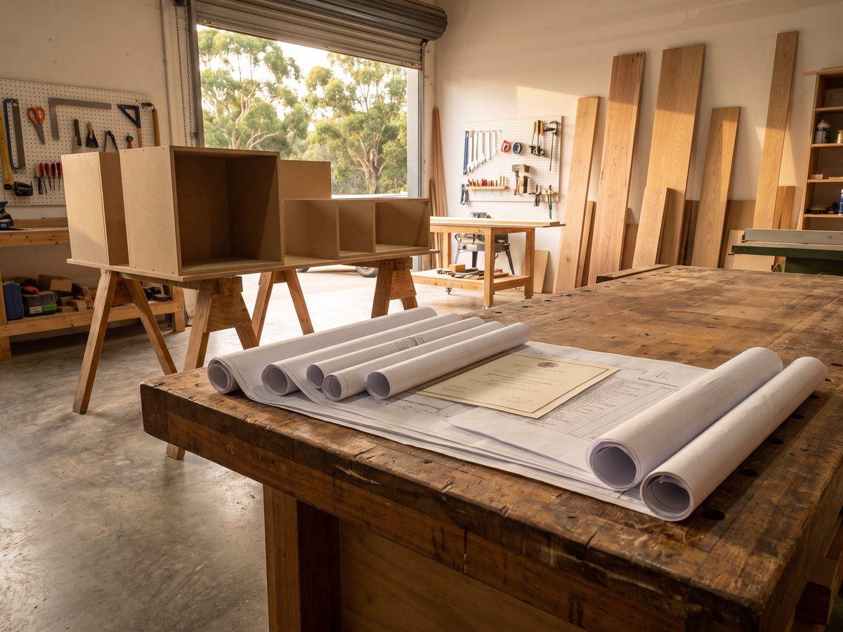 NSW building licence check in New South Wales — SteepWood custom joinery Custom kitchen drawings, insurance certificate and material schedule on workshop table