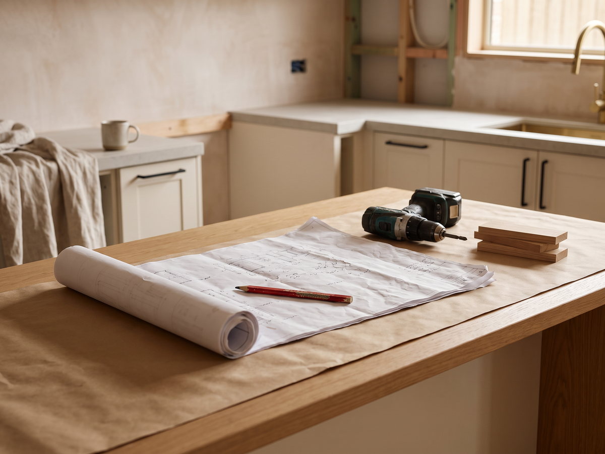 office fitout joinery cost in New South Wales — SteepWood custom joinery Joiner reviewing tea point service set-out on office fitout drawings