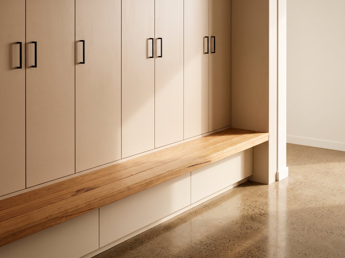 office fitout joinery cost in New South Wales — SteepWood custom joinery Custom office locker wall with durable laminate doors and integrated seating