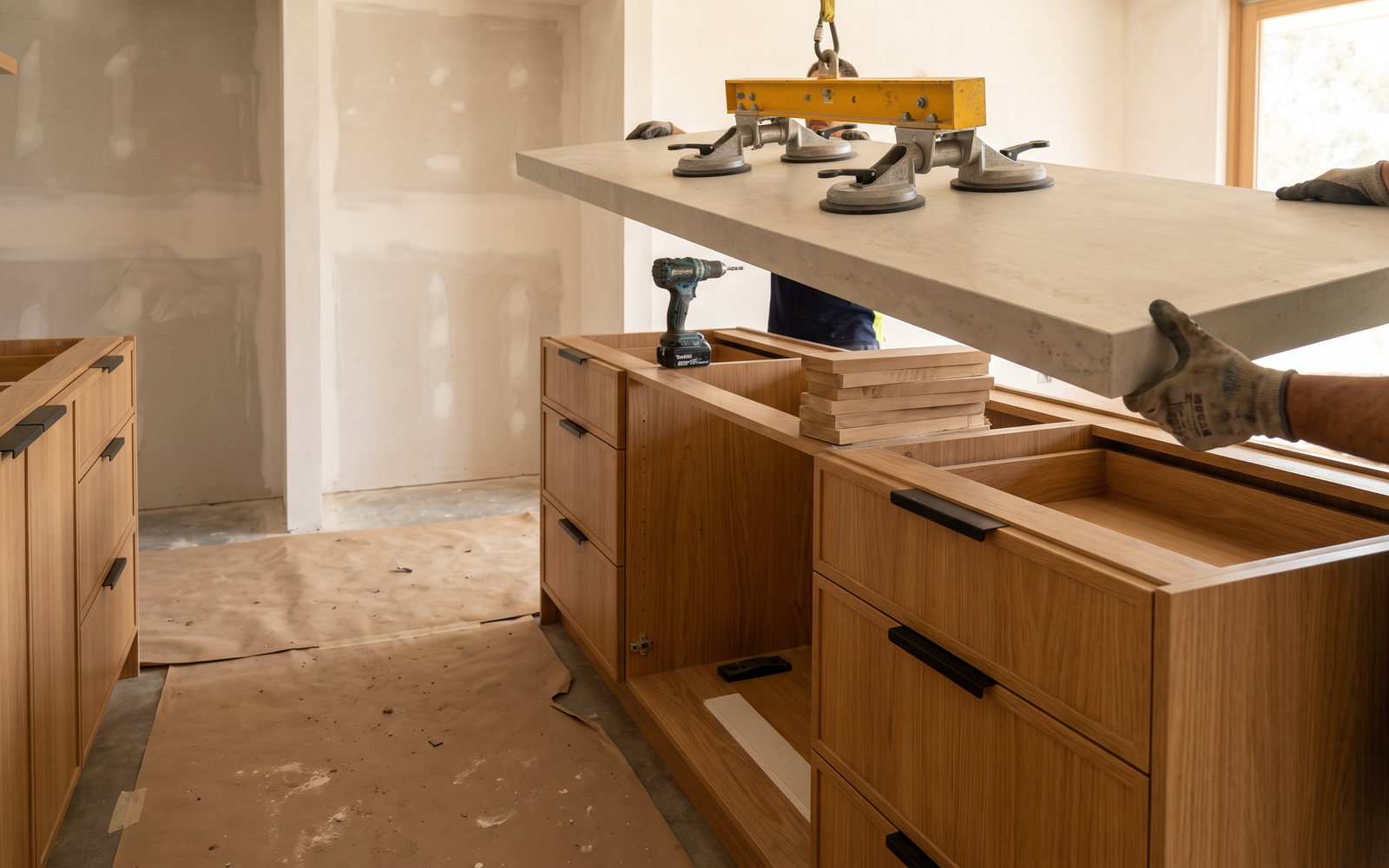 porcelain benchtop cost in New South Wales — SteepWood custom joinery Porcelain kitchen benchtop installation in a Newcastle NSW custom kitchen