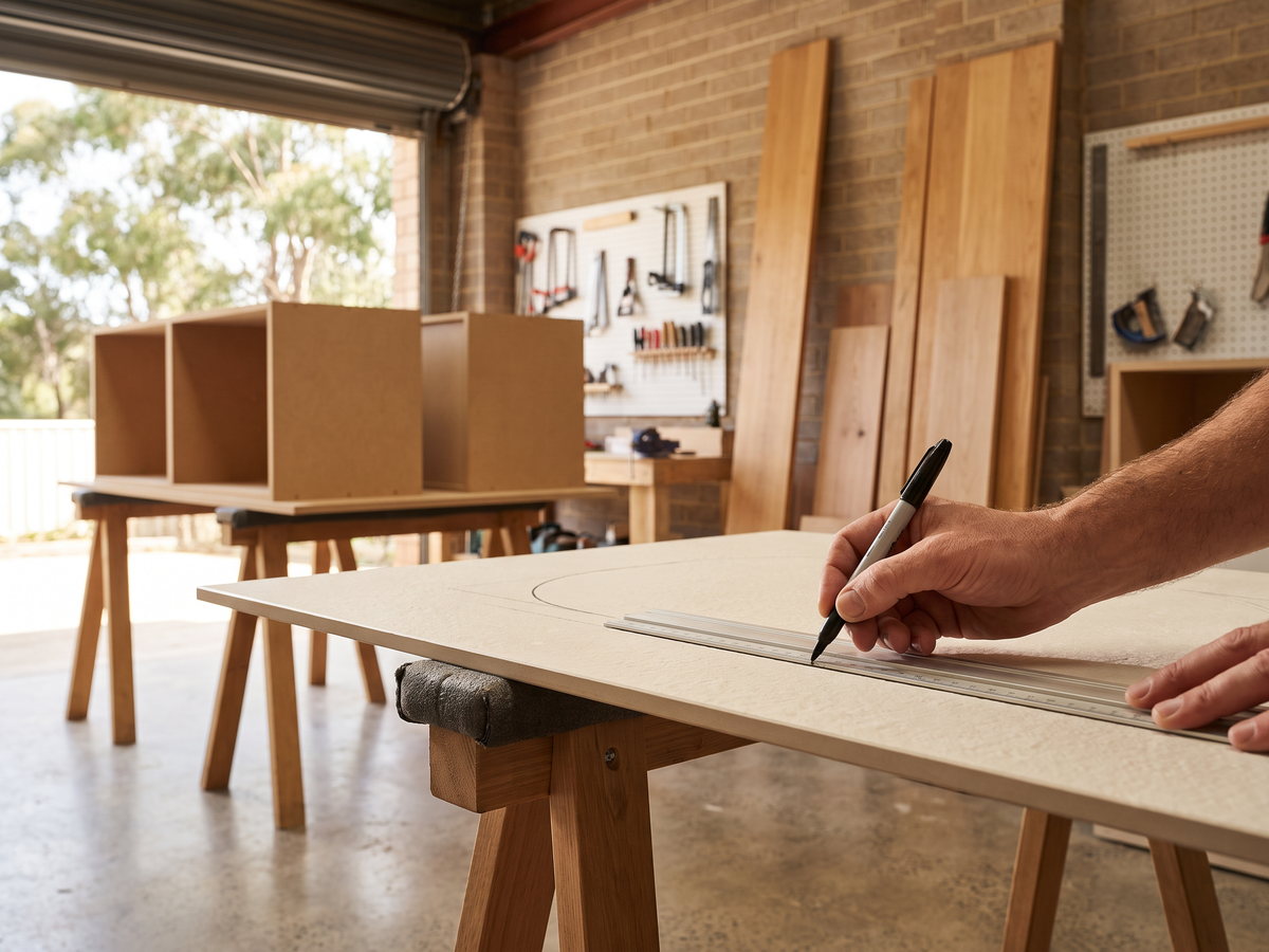porcelain benchtop cost in New South Wales — SteepWood custom joinery Fabricator measuring porcelain slab cut-outs beside installed custom cabinets