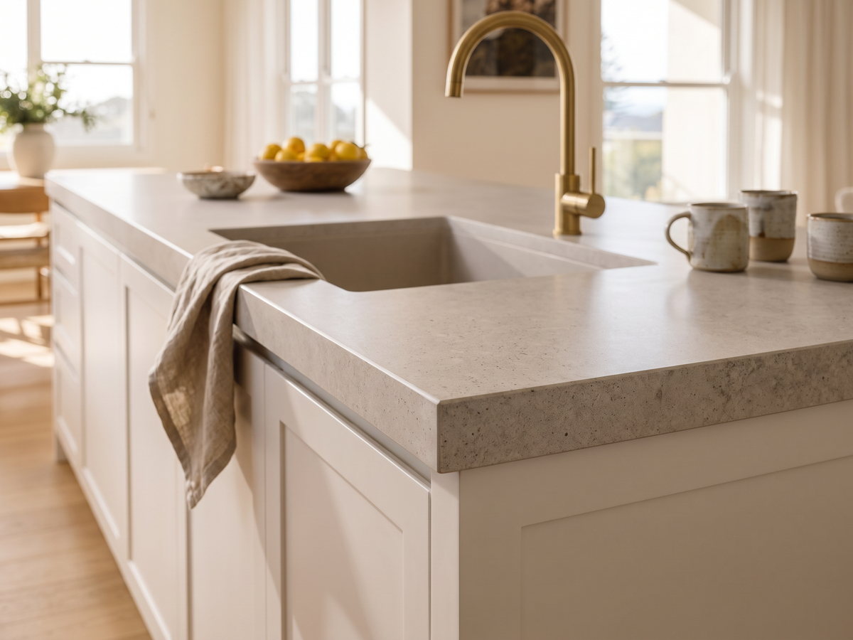 porcelain benchtop cost in New South Wales — SteepWood custom joinery Porcelain benchtop edge profile and undermount sink detail in NSW kitchen