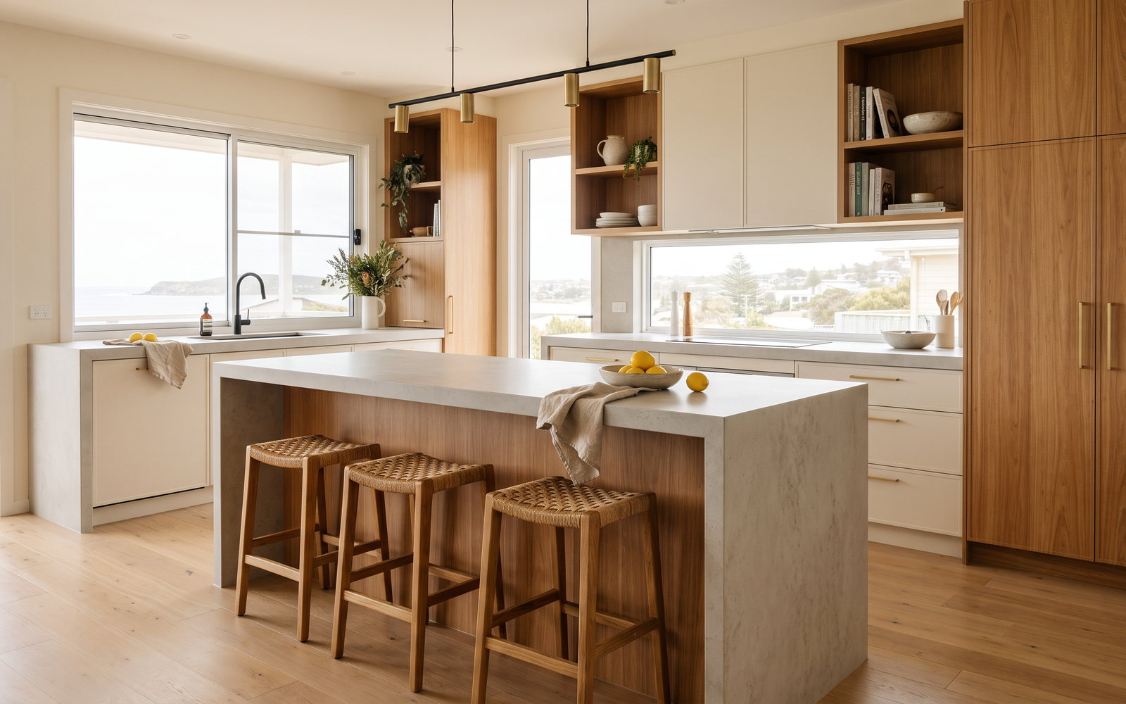 porcelain benchtop cost in New South Wales — SteepWood custom joinery Finished sintered stone kitchen island with waterfall ends and timber joinery