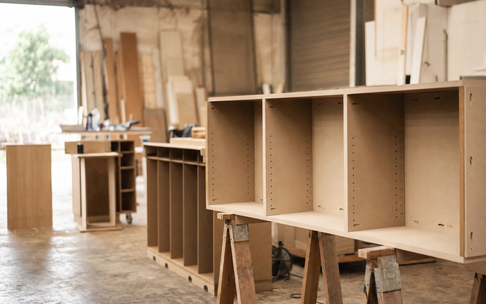 Custom joinery workshop in Newcastle NSW showing cabinet carcasses under construction