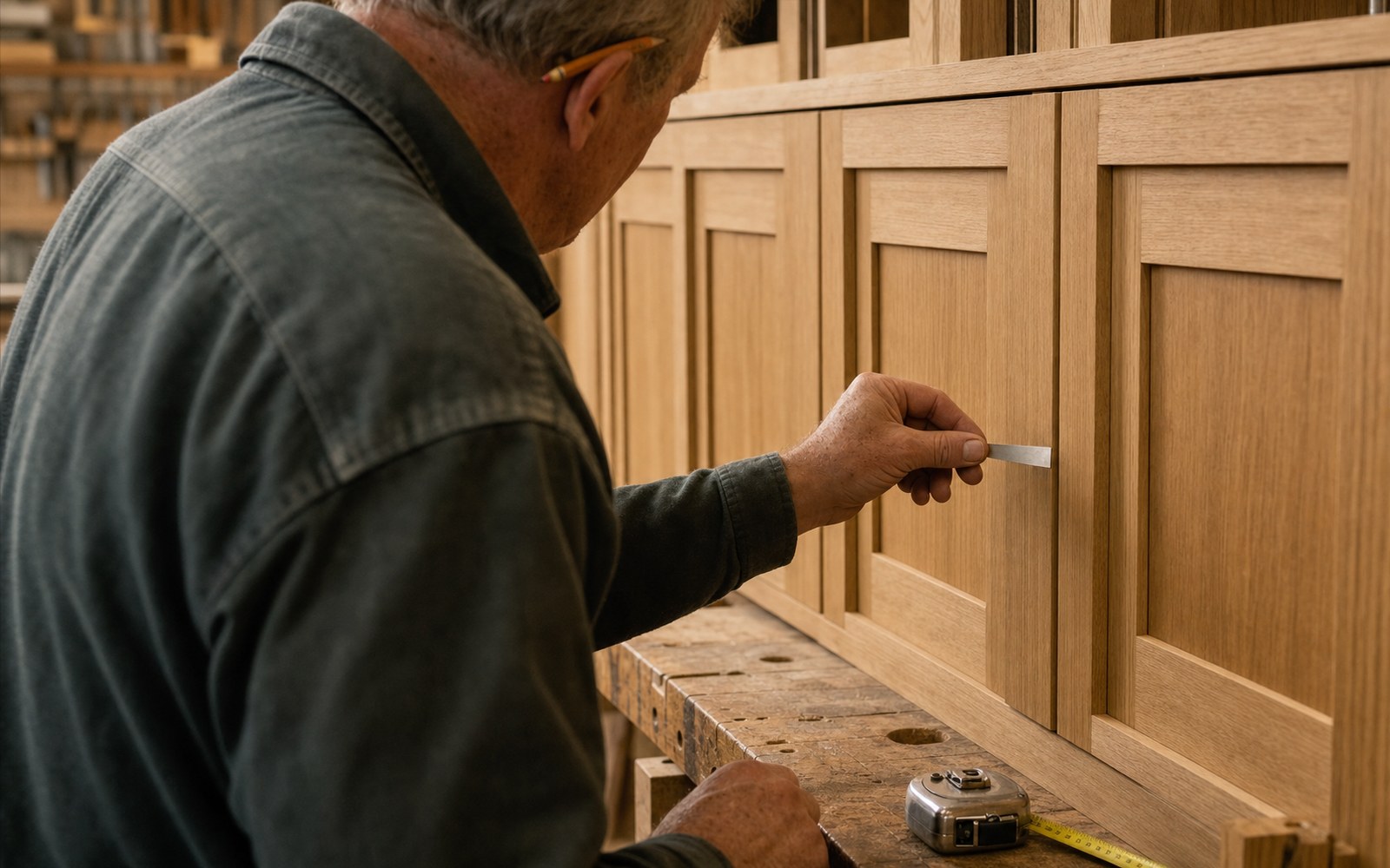 Custom joinery workshop in Newcastle NSW showing cabinet carcasses under construction — feature