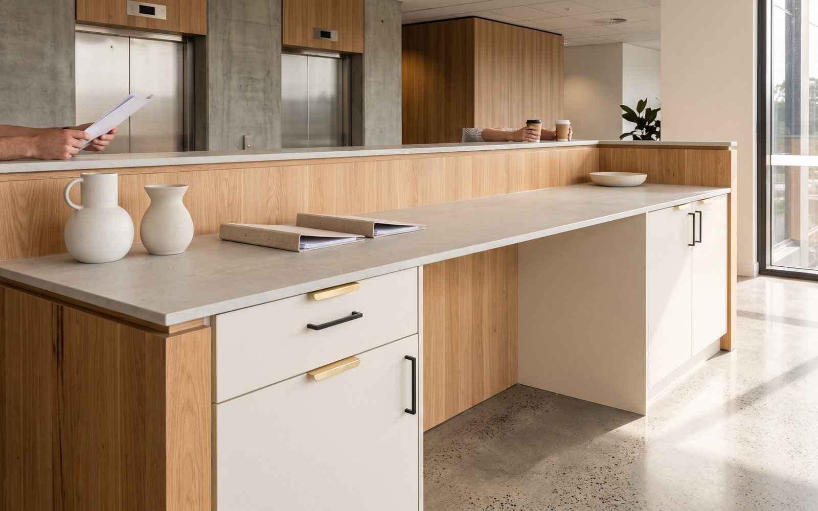 Completed two-level reception counter in occupied NSW commercial building
