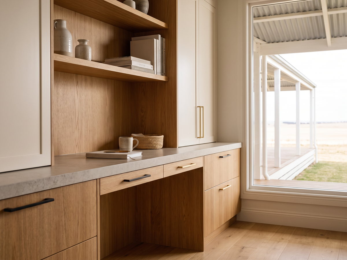 Timber home-office cabinetry installed in an Orange family house