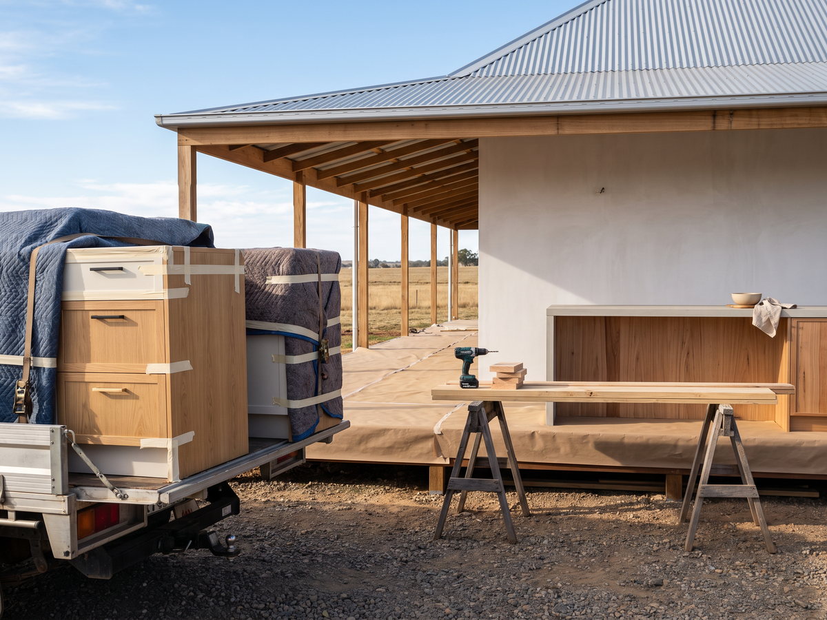 Cabinetry delivery vehicle unloading beside a prepared regional building site