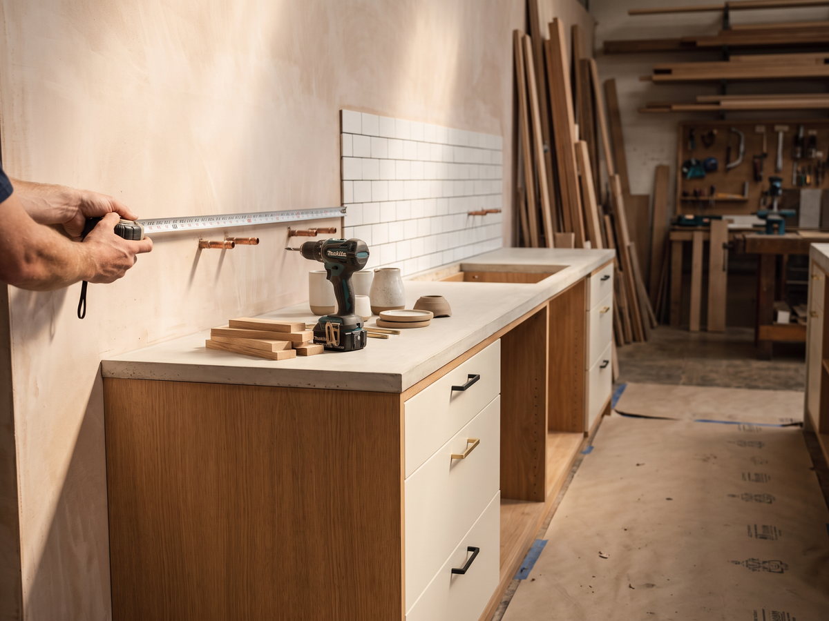 Joiner measuring a café back bar before commercial joinery installation