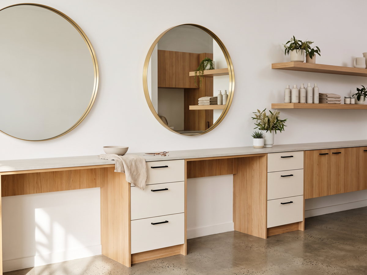 Durable laminate salon stations with drawers and retail shelving in NSW