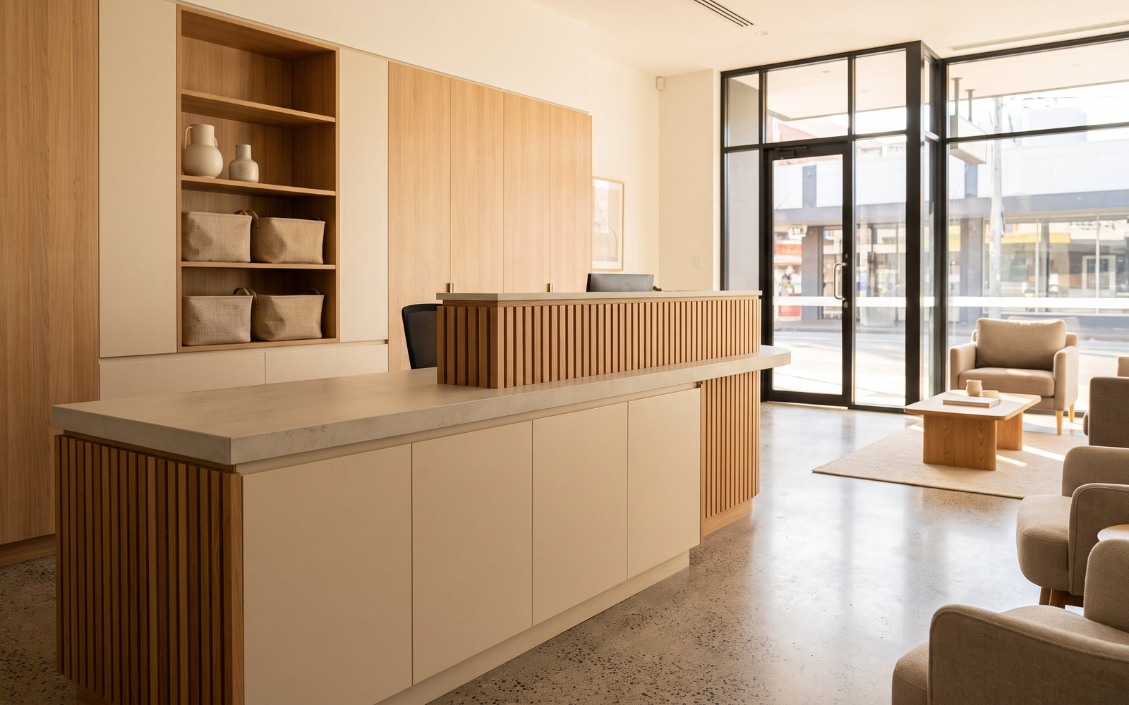 Completed professional reception counter with concealed storage in Newcastle office