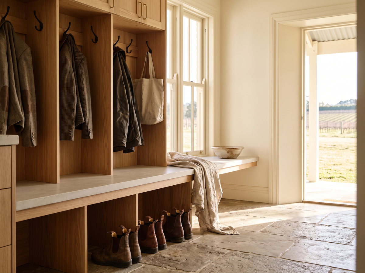 custom joinery Southern Highlands in Southern Highlands and Hunter Valley, New South Wales — SteepWood custom joinery Mudroom lockers and bench seating in a rural Hunter Valley entry