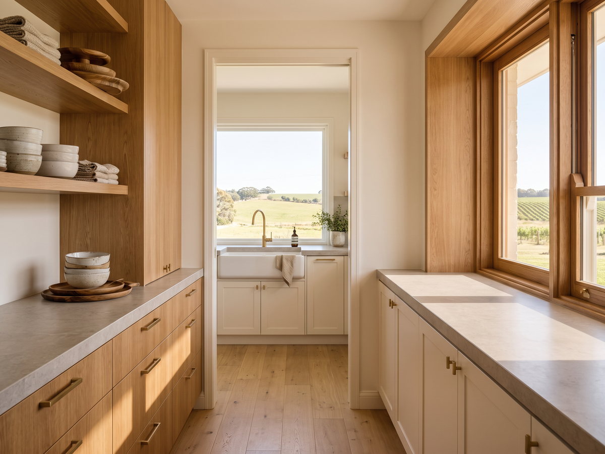 custom joinery Southern Highlands in Southern Highlands and Hunter Valley, New South Wales — SteepWood custom joinery Timber veneer butler's pantry cabinetry in a country kitchen