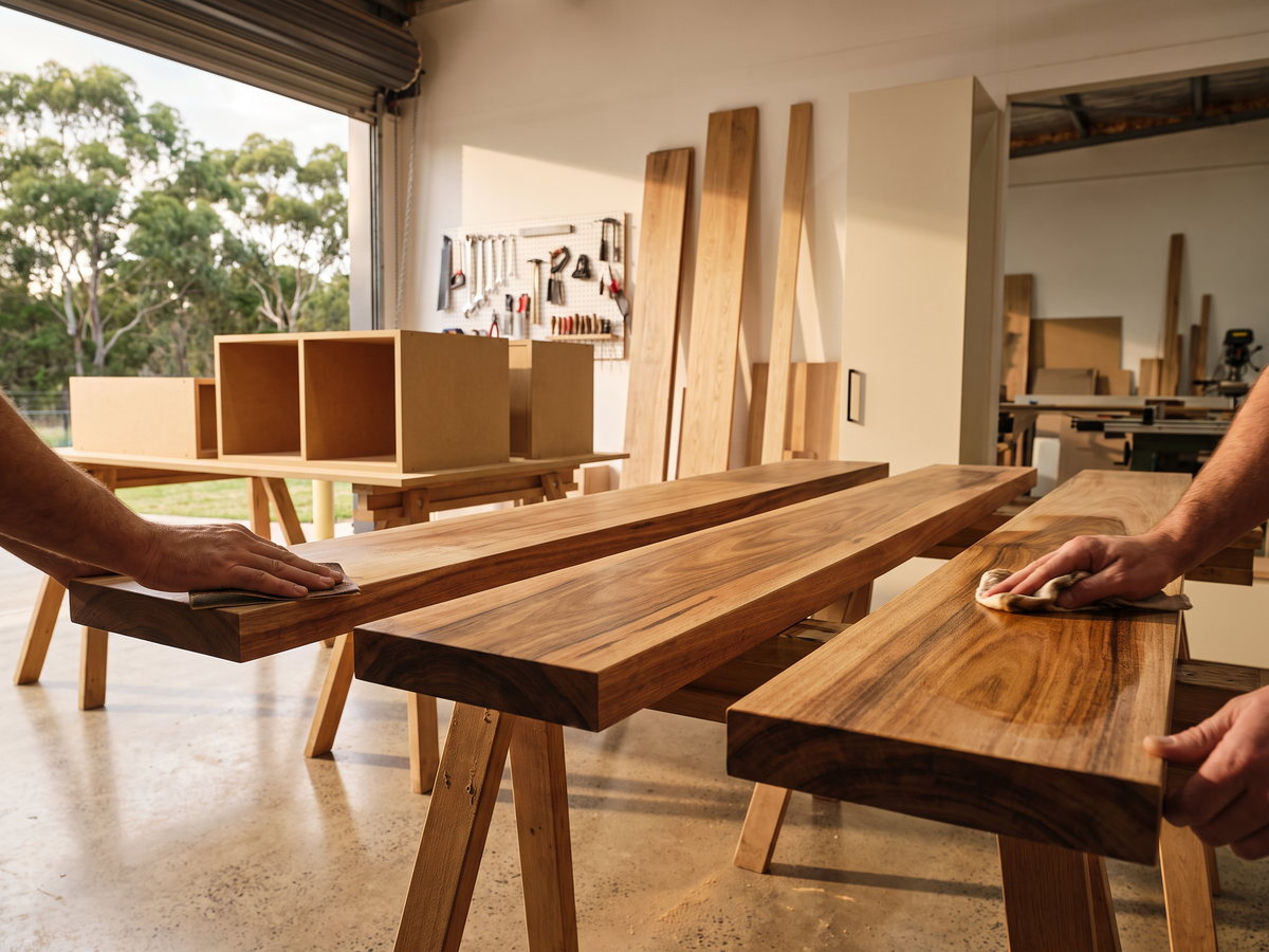 Spotted Gum stair treads being finished before installation in Newcastle