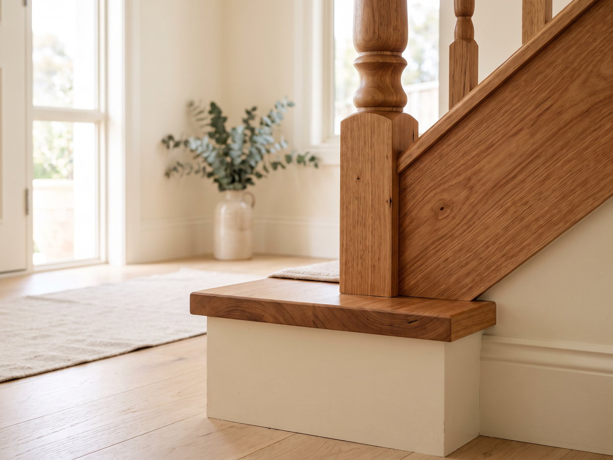 Timber balustrade meeting a staircase landing in a regional NSW house