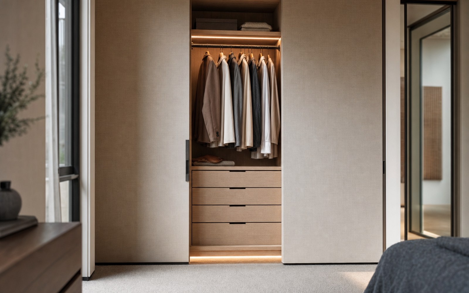 Custom walk-in robe with Polytec sliding doors and Blum undermount drawer banks, Newcastle NSW joinery workshop