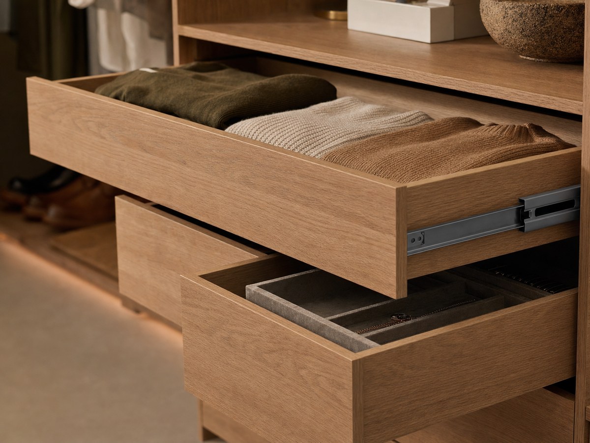Custom walk-in robe with Polytec sliding doors and Blum undermount drawer banks, Newcastle NSW joinery workshop — detail
