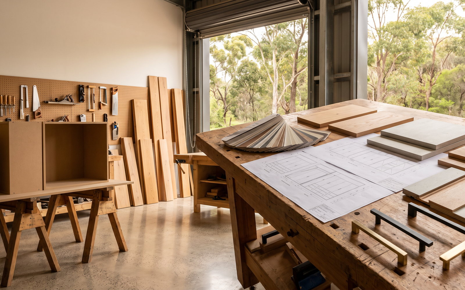 custom joinery quotes in Australia — SteepWood custom joinery Custom wardrobe drawings and board samples on a Newcastle NSW workshop bench