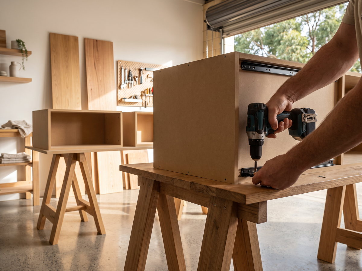 custom joinery quotes in Australia — SteepWood custom joinery Blum drawer hardware being fitted inside a custom wardrobe cabinet